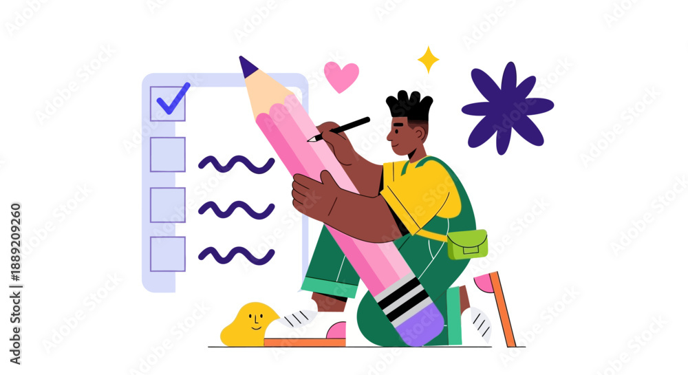 Fototapeta premium Person creating illustration with large pencil on checklist, sitting on floor with creative elements around