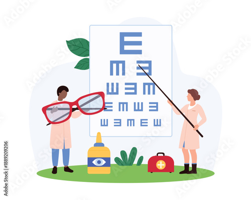 Eye doctors conduct vision tests with a large eye chart and oversized glasses. The scene includes eye drops and a first aid kit, emphasizing comprehensive eye care and examination vector illustration