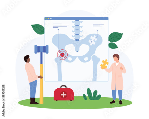 Orthopedic specialists analyze hip joint x-ray, using a large puzzle piece and mallet. First aid kit and anatomical chart, focusing on medical diagnosis and treatment vector illustration