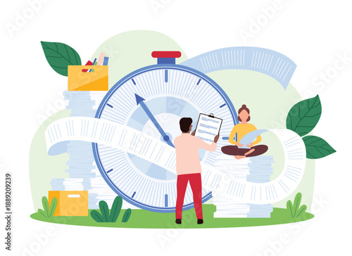 Individuals manage a large amount of paperwork with a giant clock and documents. Scene includes file boxes and people working, emphasizing time management and organizational skills vector illustration