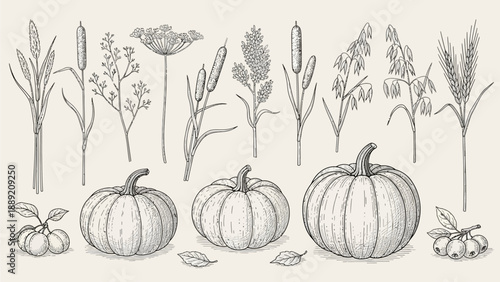 A detailed illustration of various plants and pumpkins arranged together, showcasing different botanical elements in a simple, monochromatic style from a straightforward viewpoint.