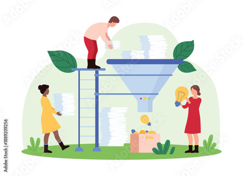 Team processes stacks of paperwork through a large funnel, producing lightbulbs as ideas. Workers carrying papers and handling lightbulbs, emphasizing creativity and innovation vector illustration