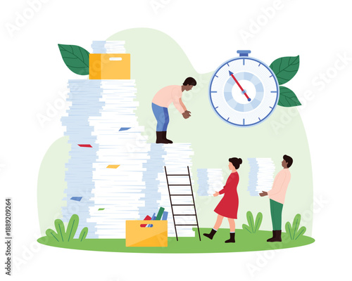 Individuals manage paperwork and deadlines using a large clock and stacks of documents. Scene includes workers handing papers and organizing files, focusing on productivity vector illustration
