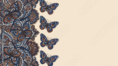 Butterflies flying around an intricate floral pattern on a decorative border