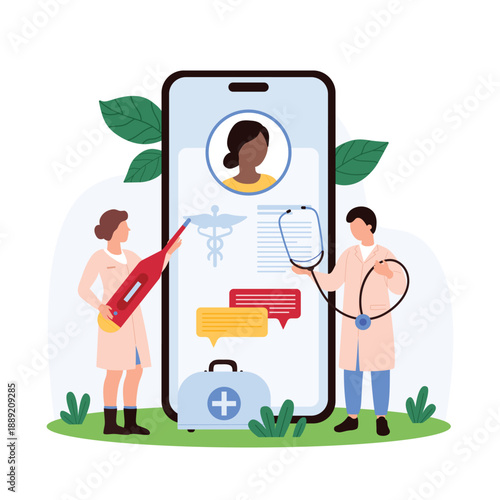 Medical professionals use a large mobile device to access patient records. Scene includes stethoscope, medical charts, health icons, emphasizing digital healthcare and telemedicine vector illustration