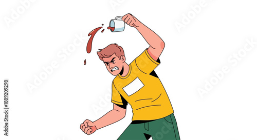 Man spilling red liquid from a container while wearing a yellow shirt and green pants in an illustrated scene