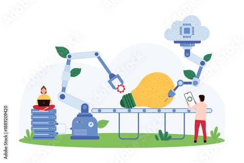 Development and improvement of digital project, smart innovation. Tiny people and robotic arms with gears assemble bright light bulb with circuit inside on conveyor belt cartoon vector illustration