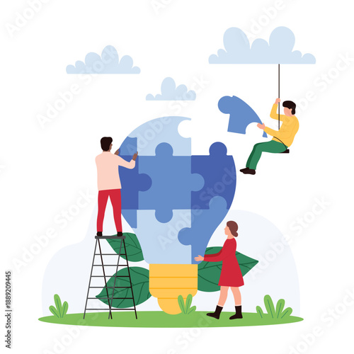 Team brainstorm on smart solution to problem, teamwork challenge of creative idea and insights. Tiny people connect puzzle jigsaw pieces to assemble big light bulb, cartoon vector illustration