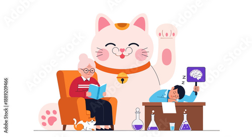 An elderly man relaxing at home with a maneki-neko figurine while a young scientist works nearby surrounded by laboratory equipment from a close-up viewpoint