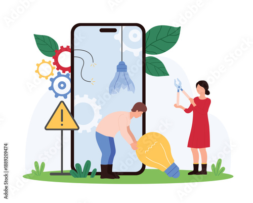 Change to new innovation, smart solution in mobile app development, software evolution. Tiny people replace broken dark light bulb on smartphone screen to bright lamp cartoon vector illustration