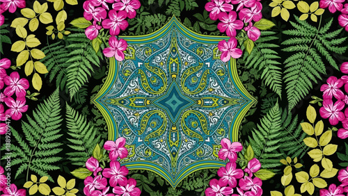 Vibrant floral pattern with lush greenery and colorful blooms surrounded by intricate designs and foliage