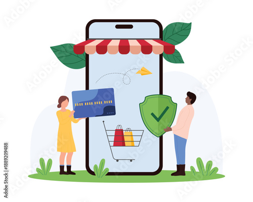 Safe shopping online, order in retail shop mobile app, ecommerce. Tiny people hold up security shield and credit card to buy goods in virtual basket on smartphone screen cartoon vector illustration