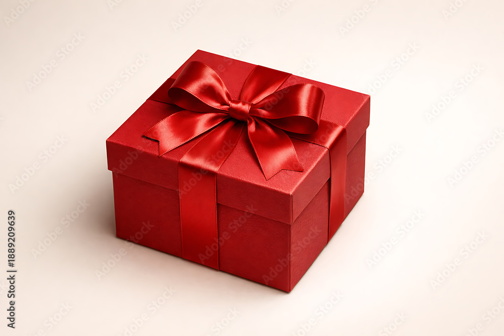 Fototapeta premium Elegant red gift box with a large satin bow isolated on a plain light background for valentines day or christmas holiday present concept