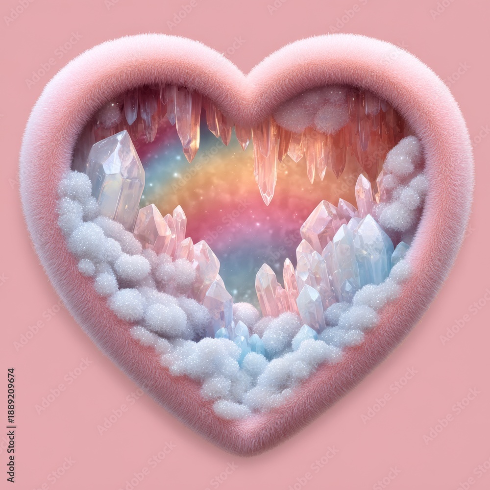 Obraz premium Crystal cave inside heart shape with colorful background and fluffy details