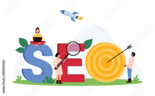 SEO tools, search engine optimization, target and rocket of online marketing strategy. Tiny people study letter of SEO word to optimize service and improve website traffic cartoon vector illustration