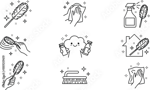 Cleaning icons set, house cleaning tools, feather duster, spray bottle, wiping cloth, brush, hygiene, maid service vector illustration