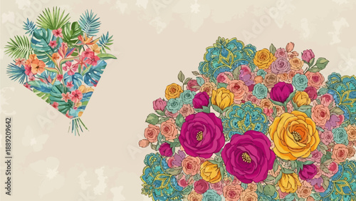 Vibrant floral arrangements with roses and foliage showcased in a heart-shaped bouquet and a lush floral cluster