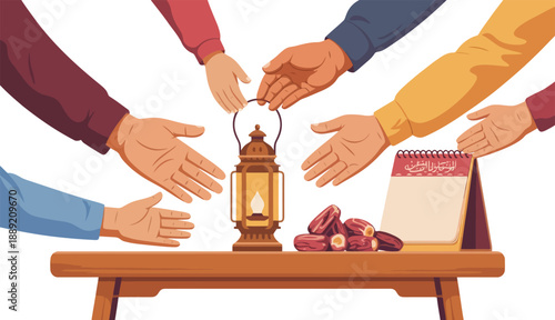 Family hands reach toward traditional ramadan lantern and dates on wooden table