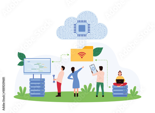 Cloud storage organization, data management service. Tiny people upload folder with documents, backup file or portfolio from computer to server, connect phone to cloud cartoon vector illustration