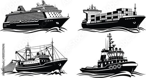Four different ship silhouettes including cruise ship, cargo vessel, fishing boat, and tugboat in black vector illustration maritime transportation design