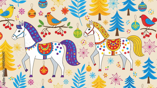 Whimsical winter scene with horses, birds, and trees in festive illustration