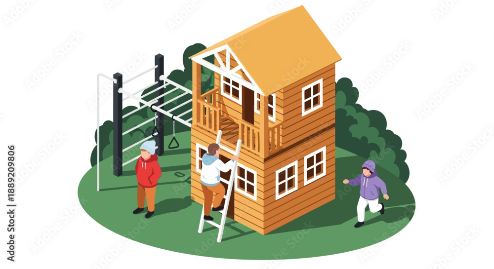 Fototapeta premium People constructing a wooden house with ladders and tools in a serene outdoor environment