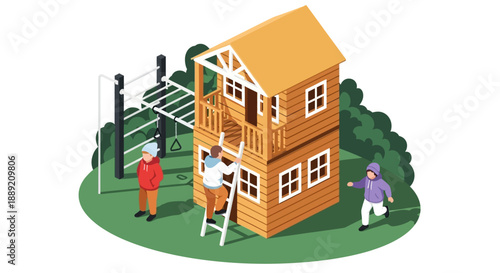 People constructing a wooden house with ladders and tools in a serene outdoor environment