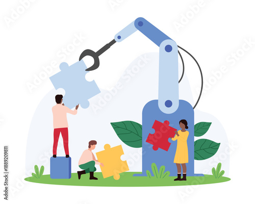 Solving business problems with help of AI tools, human and machine cooperation, office innovation. Tiny people and robotic hand holding pieces of colorful puzzles together cartoon vector illustration