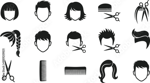 Hair salon icon set featuring male and female hairstyles, scissors and comb symbols, black vector illustration for barber and beauty design