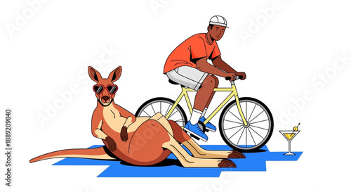 Man riding bicycle near kangaroo on blue blanket with cocktail