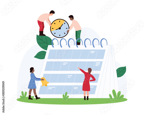 Time management, notification of important events. Tiny people holding reminder bell and clock to attract attention with sound message and ring on date on calendar cartoon vector illustration