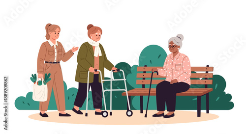 Elderly people interacting with caregiver in a serene park setting illustration