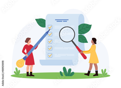 Task checklist management, clipboard with to do list to organize schedule. Tiny people holding pencil with light bulb and magnifying glass to tick off completed cases cartoon vector illustration