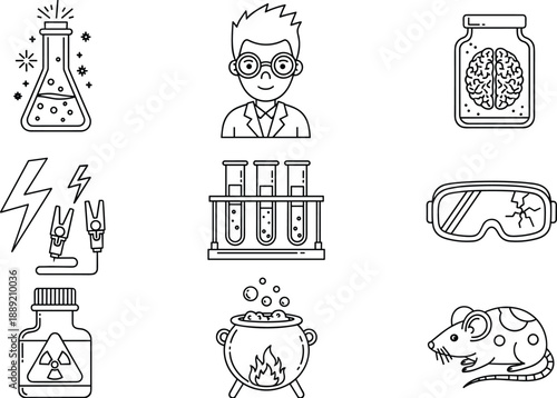 Science laboratory icon set featuring scientist, test tubes, chemicals, brain, goggles, mouse, electricity, and radioactive symbols in line vector illustration