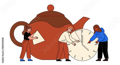 Three individuals interacting with a giant teapot and clock in a surreal scene depiction