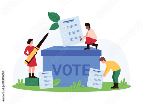 Voting in official elections or referendum, democracy. Tiny people with pen choose and elect political candidate, vote and insert paper form into hole in ballot box cartoon vector illustration