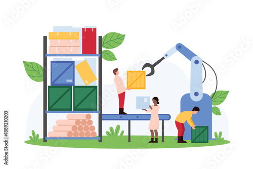 Manufacturing and distribution process with automated machines in factory warehouse. Tiny people and smart robot hand sort packages on conveyor belt, pack boxes on rack cartoon vector illustration