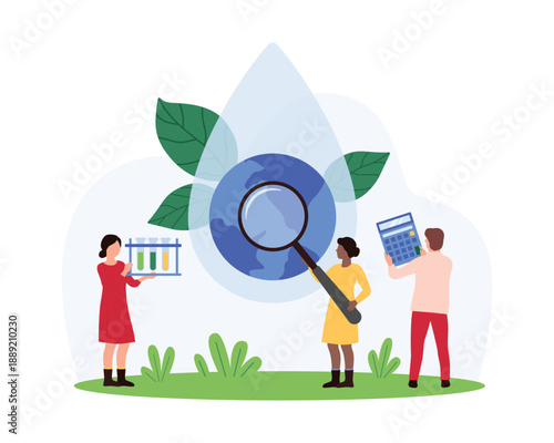 Global water quality research, environment protection. Tiny people study drop sample with planet Earth inside, holding test tubes and calculator to control results cartoon vector illustration