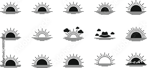 Sunrise icons set, sunset symbols, sun over horizon, weather forecast, nature landscape, morning evening vector illustration collection