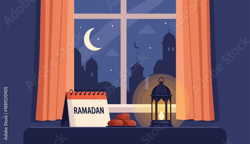 Ramadan night scene at home with traditional lantern and dates on windowsill,Ramadan Start (tentative)