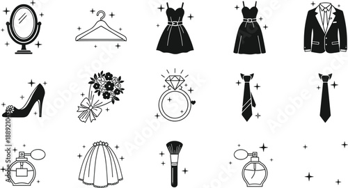 Wedding and fashion icon set featuring dress, suit, ring, shoes, bouquet, perfume, makeup tools, black vector illustration design for branding