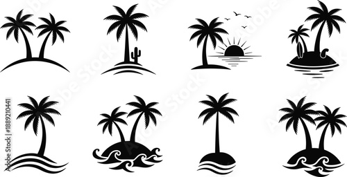 Tropical palm tree silhouettes collection featuring islands, waves, sunset, beach scenes, black vector illustration for summer vacation and travel design