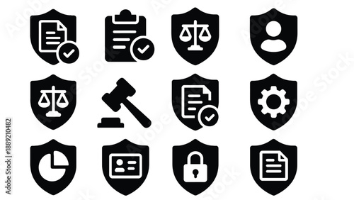 A collection of black and white security icons on shields