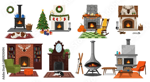 Collection of various fireplace designs and styles in different rooms and settings