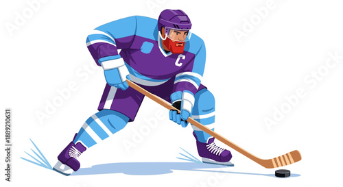 Hockey player in action, skating and hitting puck with stick on ice rink from a dynamic viewpoint