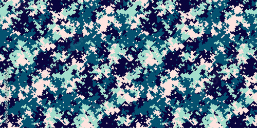 Abstract digital camouflage pattern in cool teal, navy, and offwhite.  Perfect for backgrounds, textiles, or modern designs needing a unique, stylish, and subtly disruptive texture.