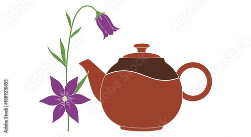A brown teapot illustration beside a bellflower in a serene setting from a front viewpoint