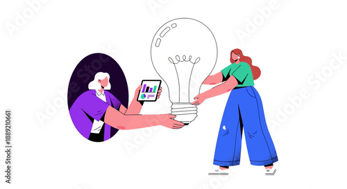 Illustration of creative collaboration between two individuals sharing innovative ideas and inspiration