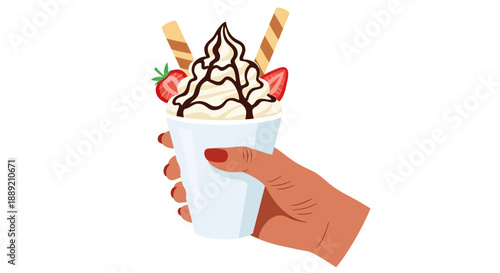 Hand holding a cup of ice cream with strawberry and wafer sticks