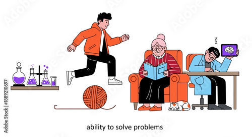 Young man playing basketball while elderly people study and work nearby in a cozy living room scene from a frontal viewpoint